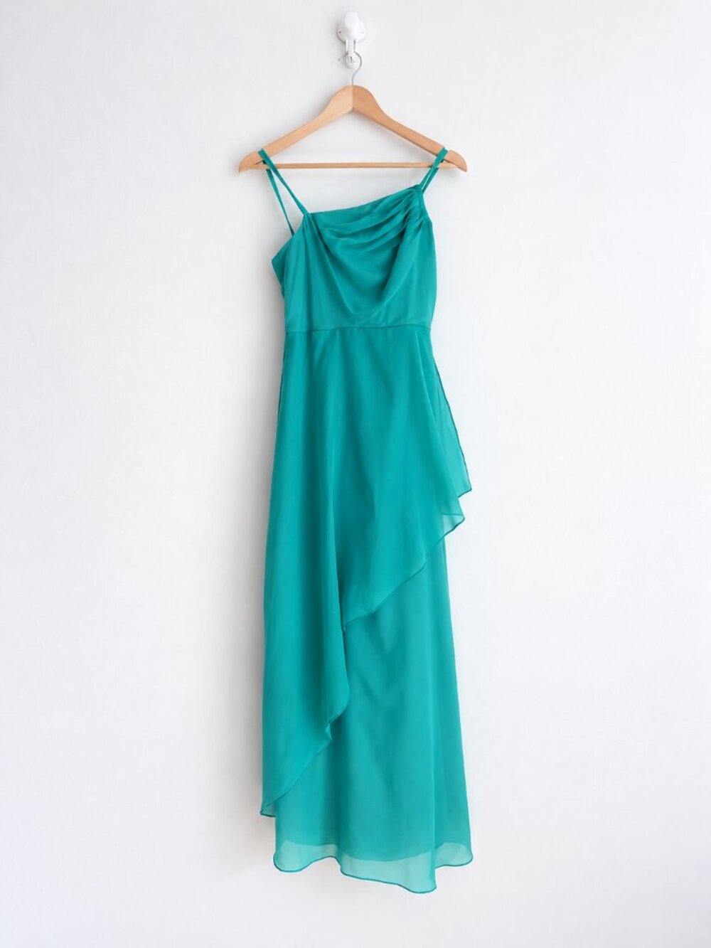 Vintage 1970s EtheTeal Asymmetric Chiffon Flutter Midi Dress Pleated Necklinne
